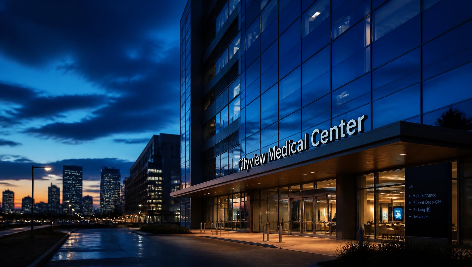 Hospital campus at dusk